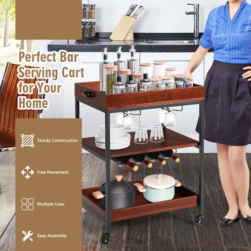 NNECW 3-Tier Kitchen Island Cart with Wine Rack & Glass Holders & Handle