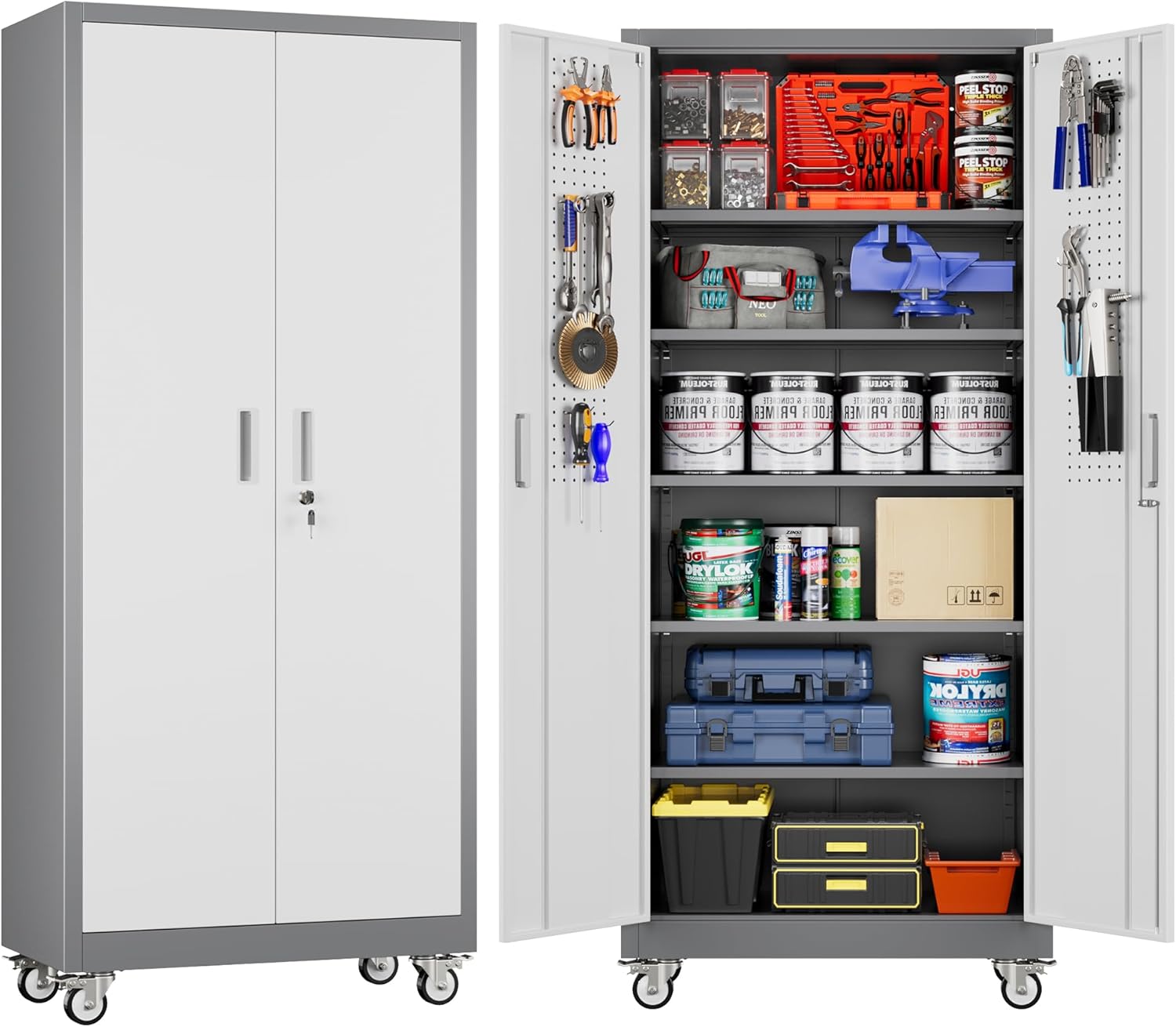 71 H Metal Storage Cabinet with Wheels and Pegboard, Lockable Steel Garage Storage Cabinet with 5 Adjustable Shelves and Door for Garage, Office, Kitchen, Assembly Required（Grey and White）
