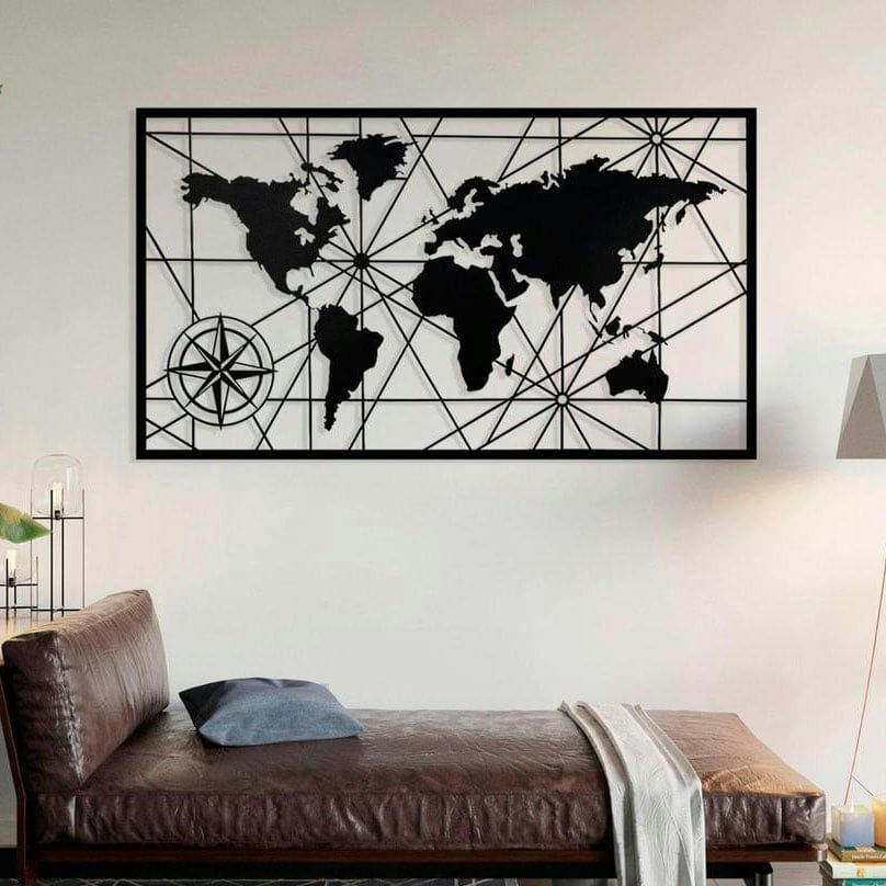 - Déco murale carte du monde en métal noir 98x55 cm