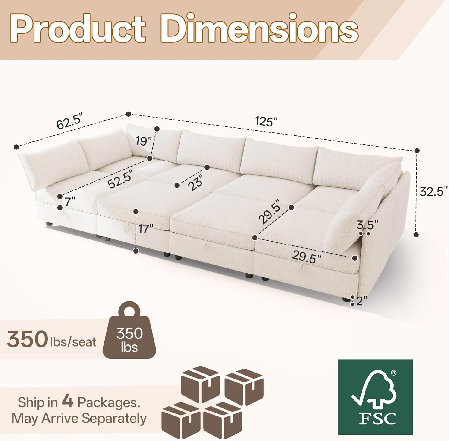 125 Chenille Modular Sectional Sofa Bed Hidden Storage, Convertible L U Shaped Sleeper Couch, 8 Seat Modern Modular Sectional Sofa with Removable Covers & Ottoman Chaise, for Living Room, Beige