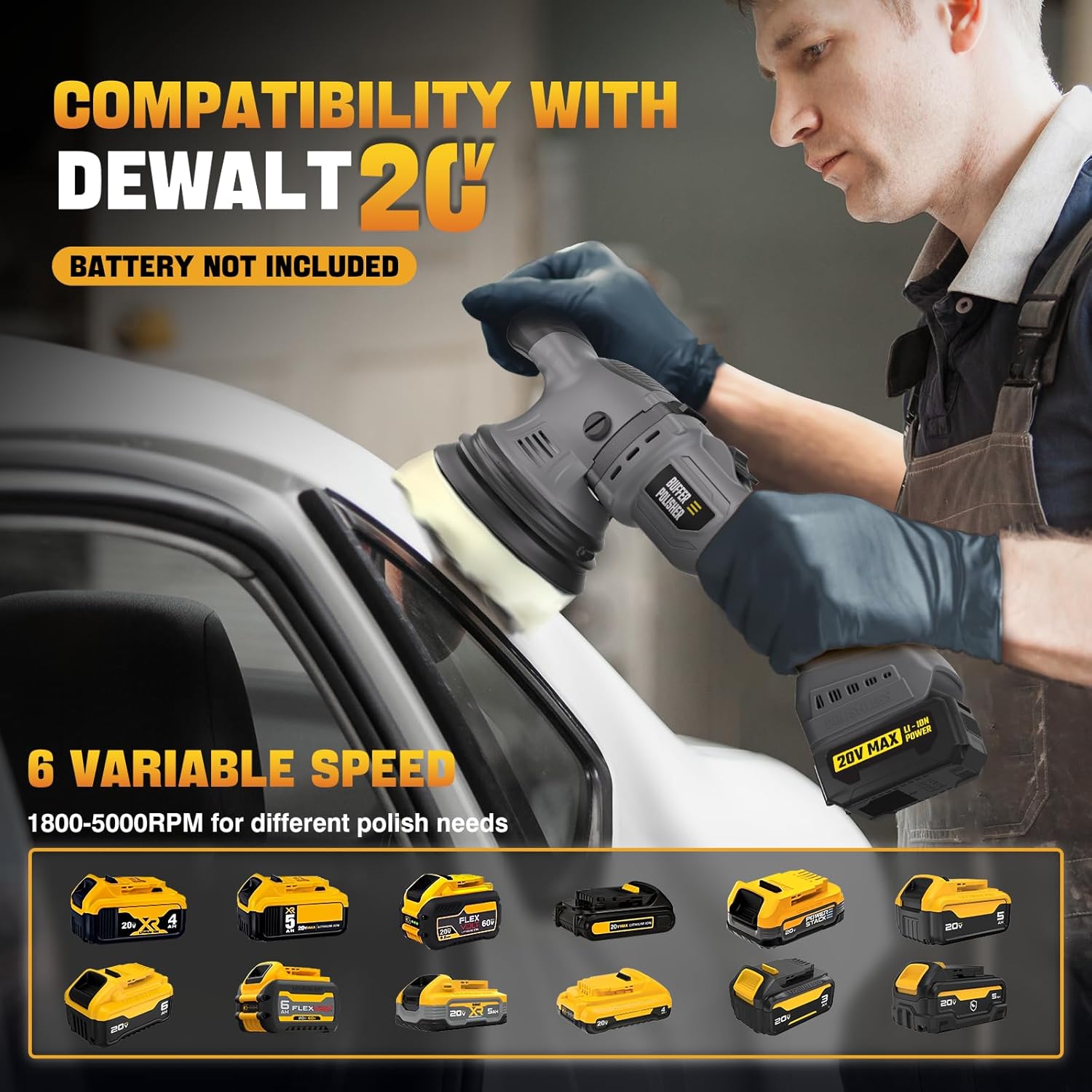 VERVEWAVE Cordless Buffer Polisher Kit for Dewalt 20V Battery (No Battery), 6-Inch Orbital Car Polisher Variable Speed 1800—5500 RPM, 17PCS Polishing Accessories, for Car Polishing/Waxing (Tool Only)