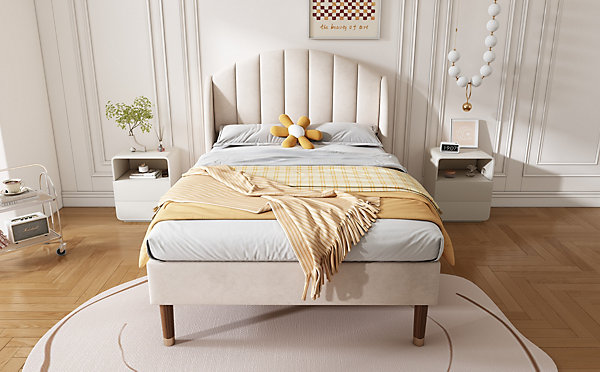 Lit Simple 90x200 cm - Lit Rembourré ado - Velours - Sans Matelas - Beige