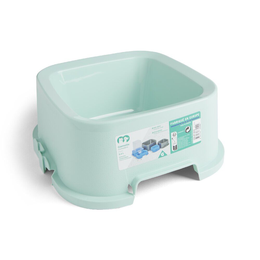 Gamelle carrée pour chien plastique vert 3,2L - 29x29xH.12cm