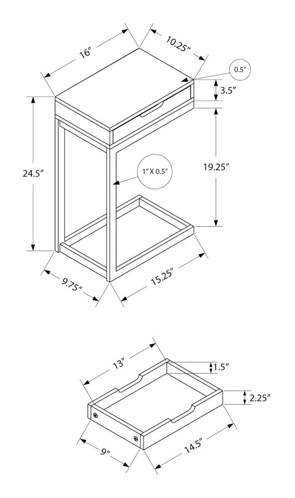 Monarch Solid Finish C-Shaped Sofa End/Side Accent Table With Storage Drawer & Metal Base
