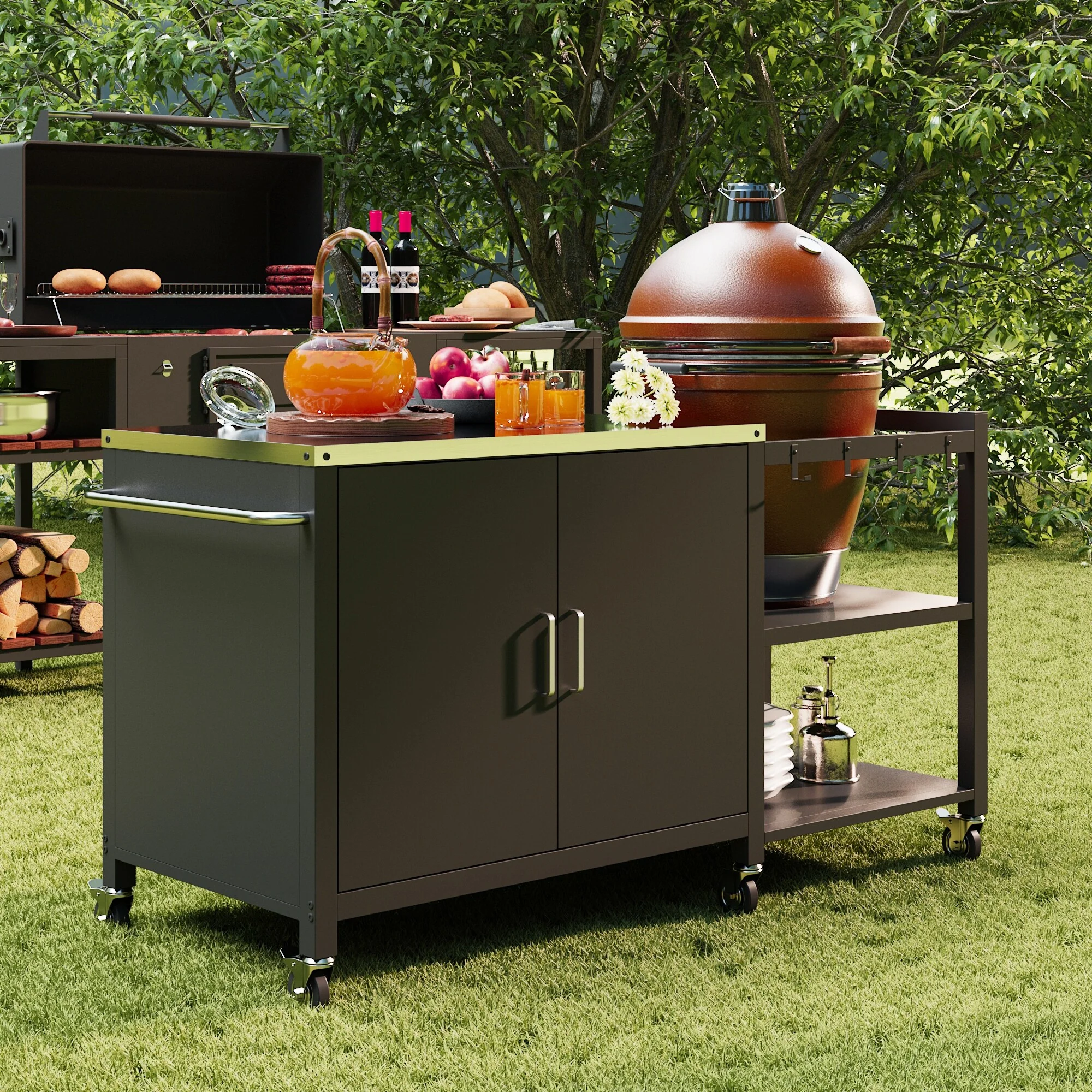 Outdoor BBQ Grill Table with Storage Cabinet, Black Steel Frame Bar Cart Kitchen Table