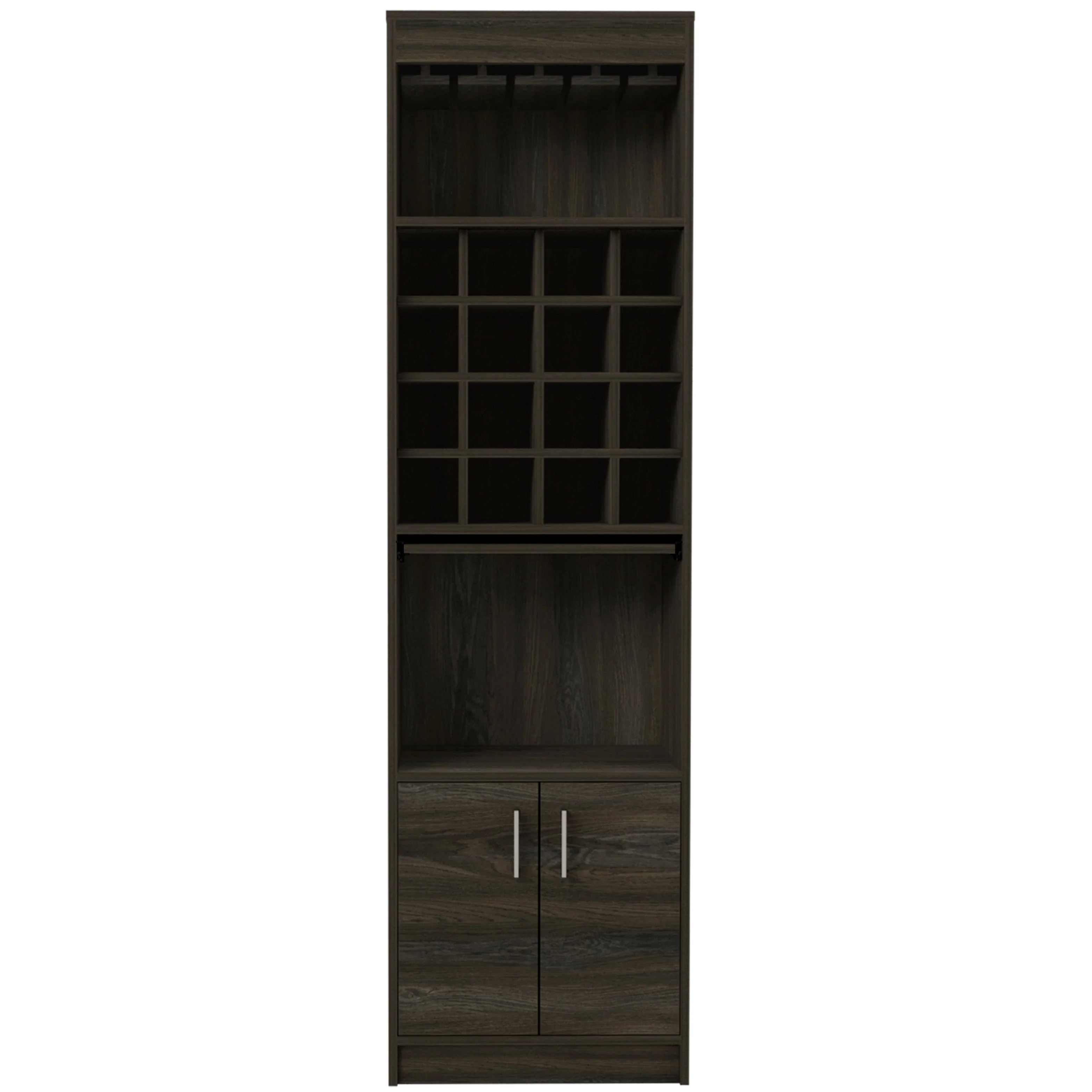 TUHOME Kava Bar Cabinet with 16 Wine Cubbies, 12 Glass Racks, 1 Shelf, Concealable Serving Tray, and Double Door - N/A