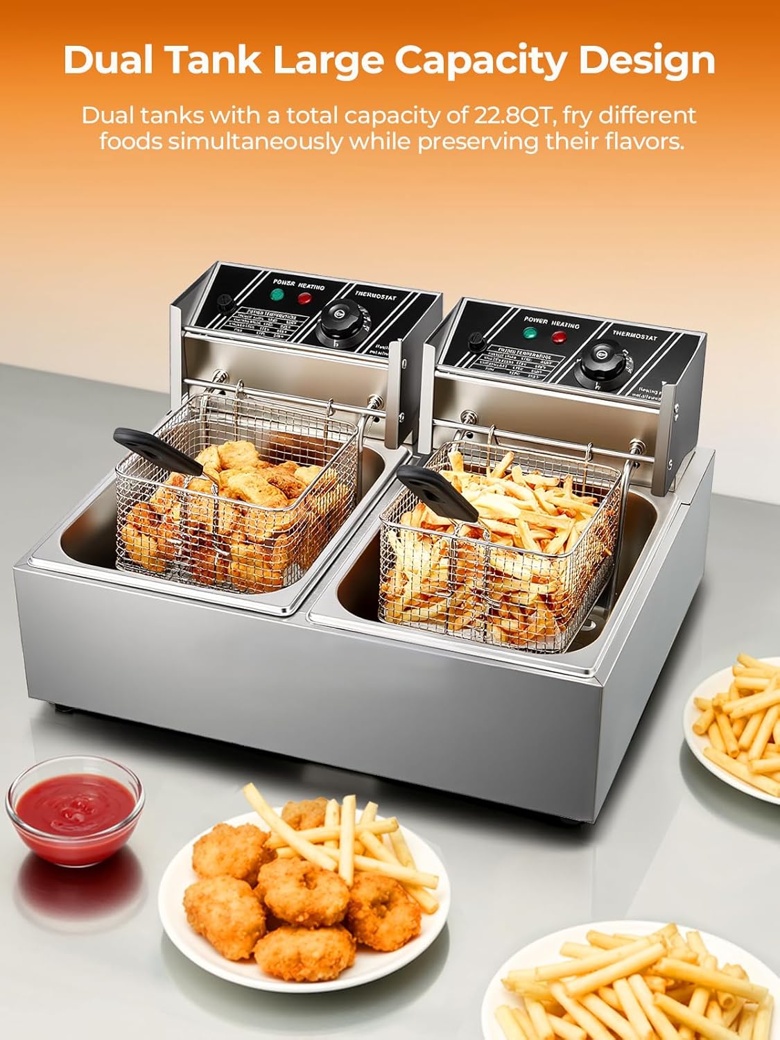 Commercial Deep Fryer, 3400W Electric Countertop Fryer with 2 Baskets & Lids, 22.8QT Dual Tank Stainless Steel Deep Fryer for Restaurant, Food Truck, Party