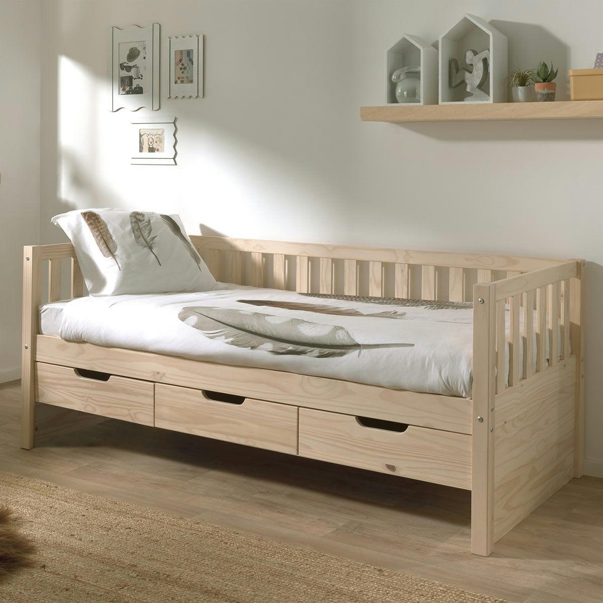 YAX - Lit  banquette 90x200cm à tiroirs en pin naturel