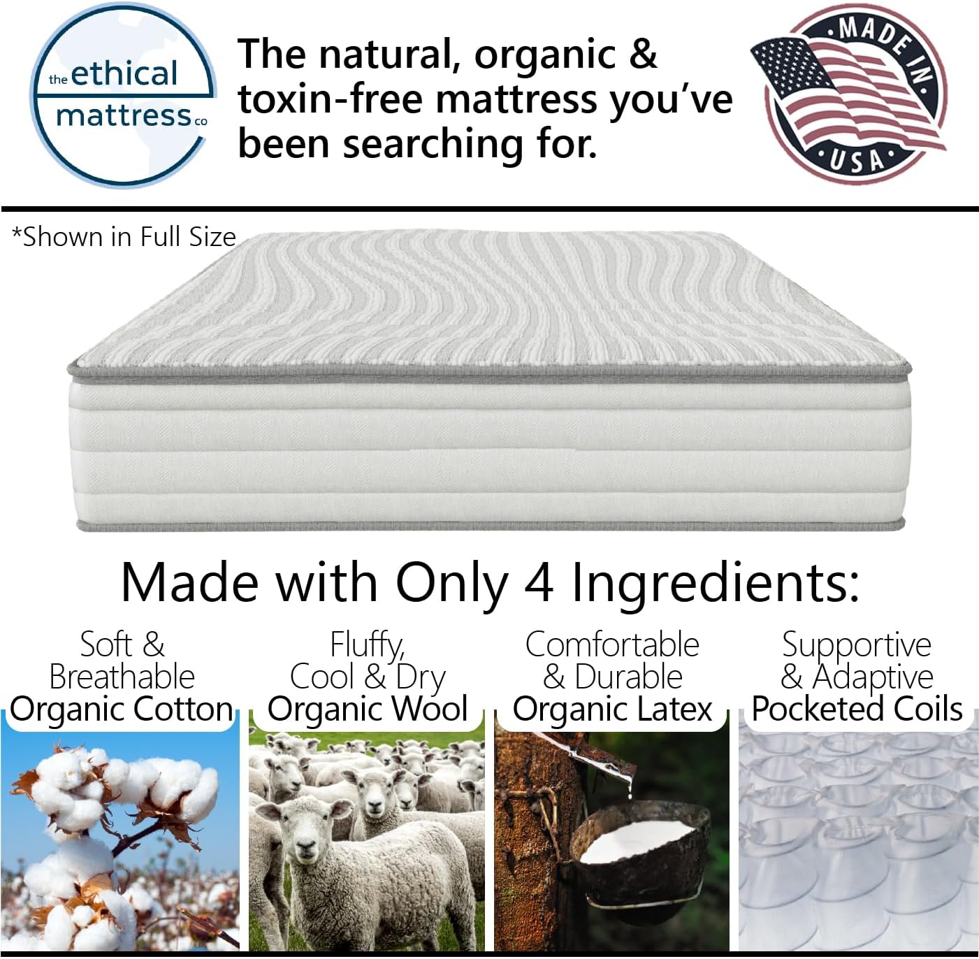 Ethical Mattress CO 10 Toxin-Free Hybrid Mattress, Made in The USA with Organic Cotton, Wool, Latex & Pocketed Coils (No Fiberglass or Polyfoams) Comfortable & Supportive Bed-in-Box - Queen Size