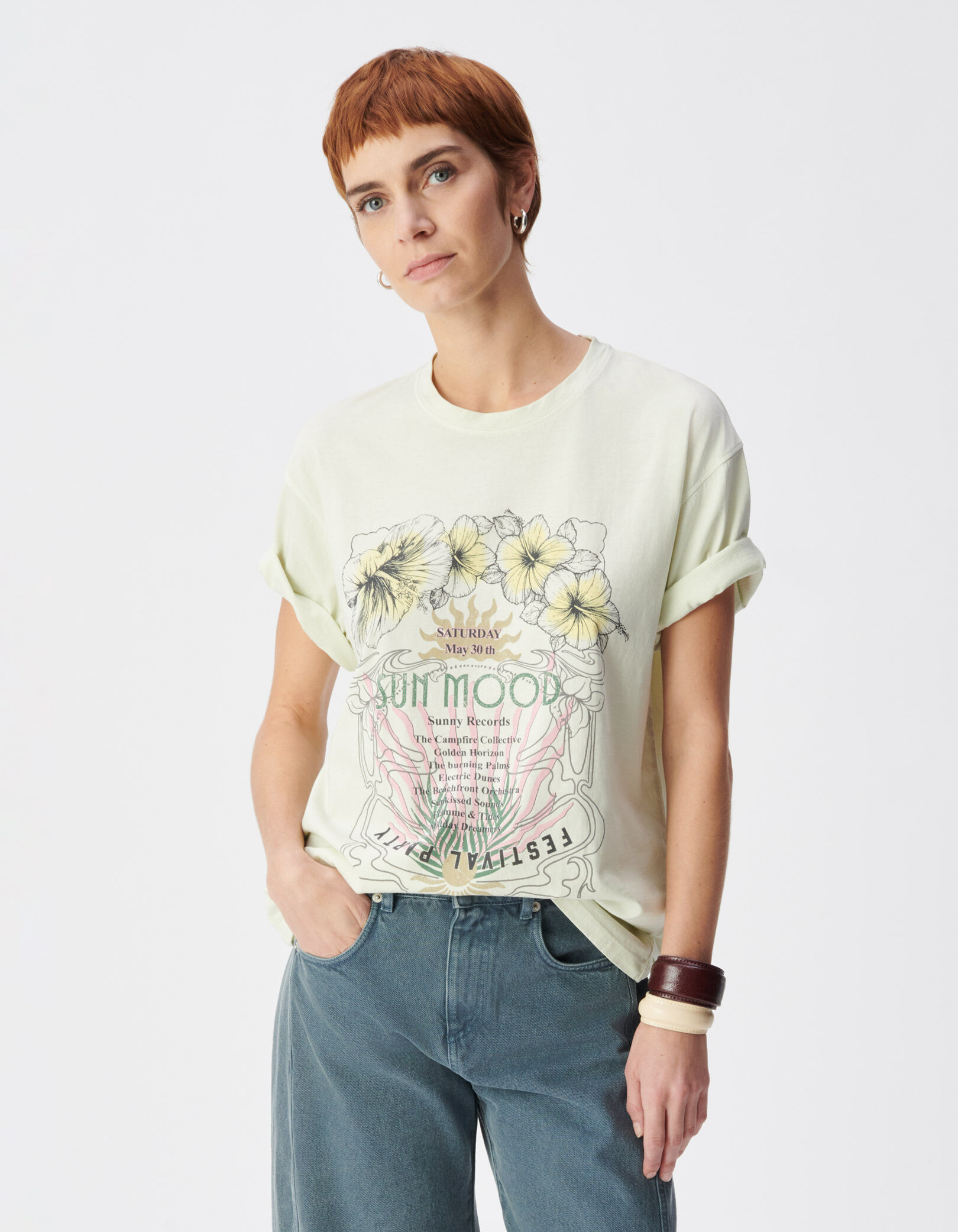 Tee-shirt vert coton bio visuel affiche fleurs Femme