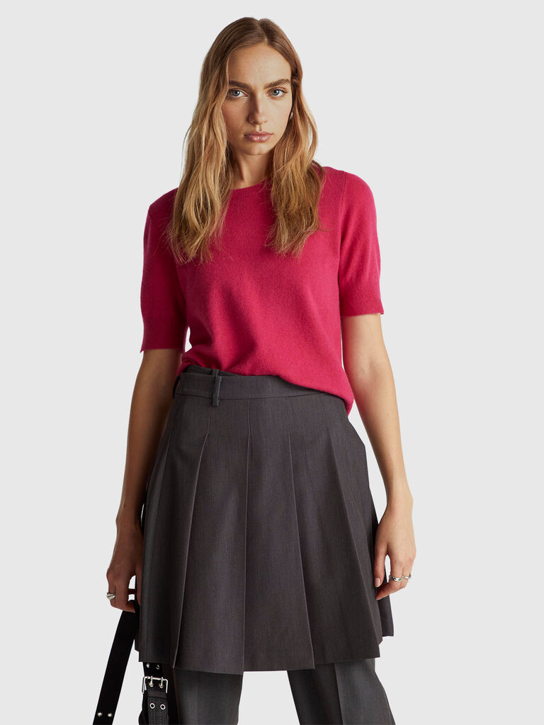 Fuchsia short sleeve sweater in pure Merino wool