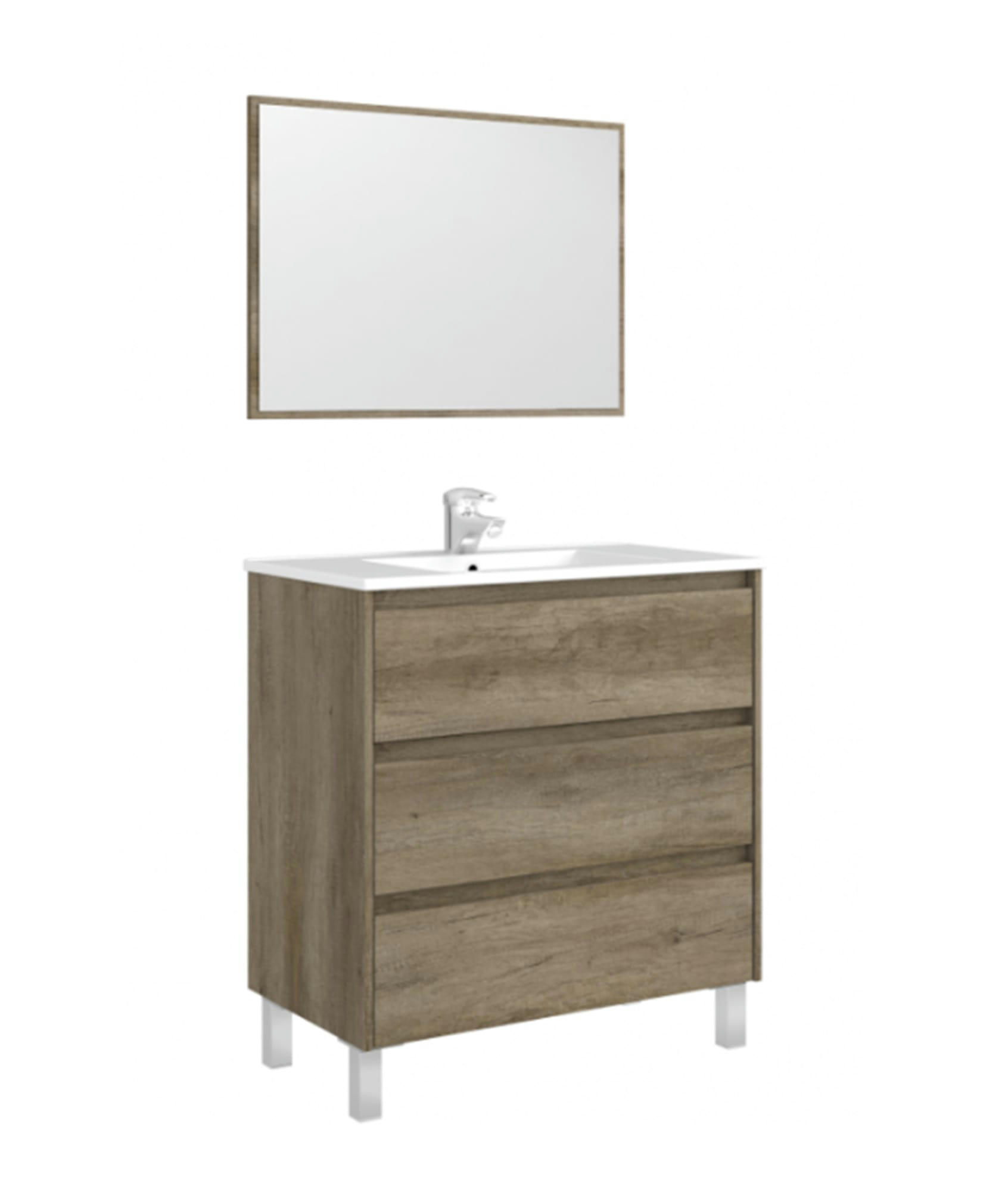 DGADD - Meuble sous-vasque avec 3 tiroirs et miroir effet chêne