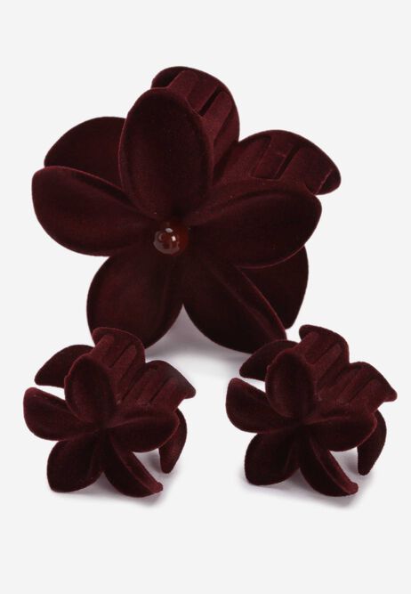 Womens 3pk Burgundy Velvet Flower Hair Clips
