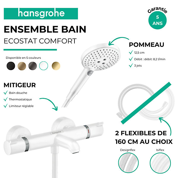 Pack mitigeur bain douche thermostatique HANSGROHE Ecostat Comfort   Flexible Designflex   Pommeau Raindance Select 3jets blanc