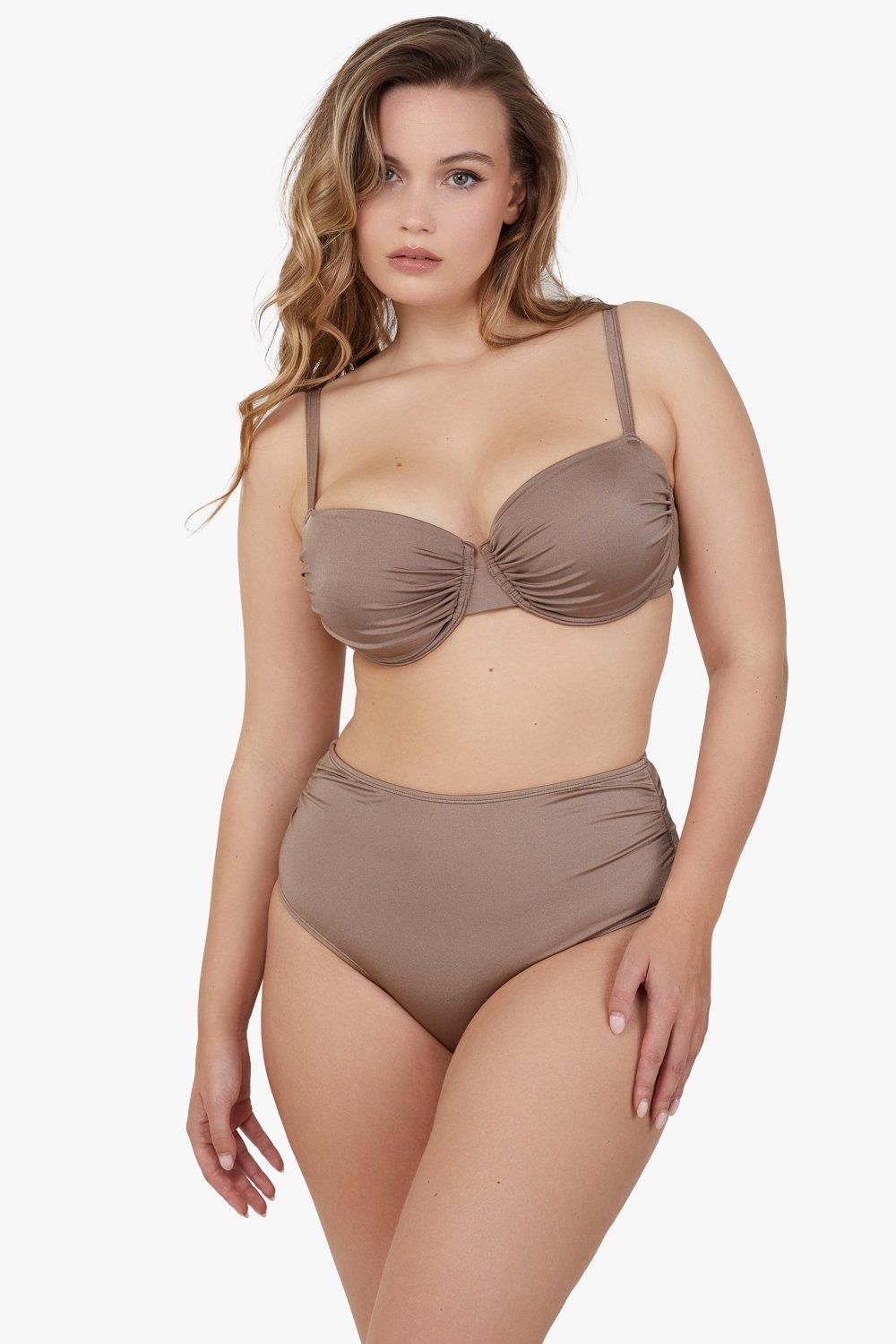 Wolf & Whistle Jade Taupe High Waist High Leg Ruched Bikini Bottom