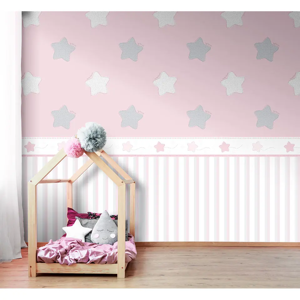 Sanders & Sanders behang sterren roze en grijs - 53 cm x 10 m