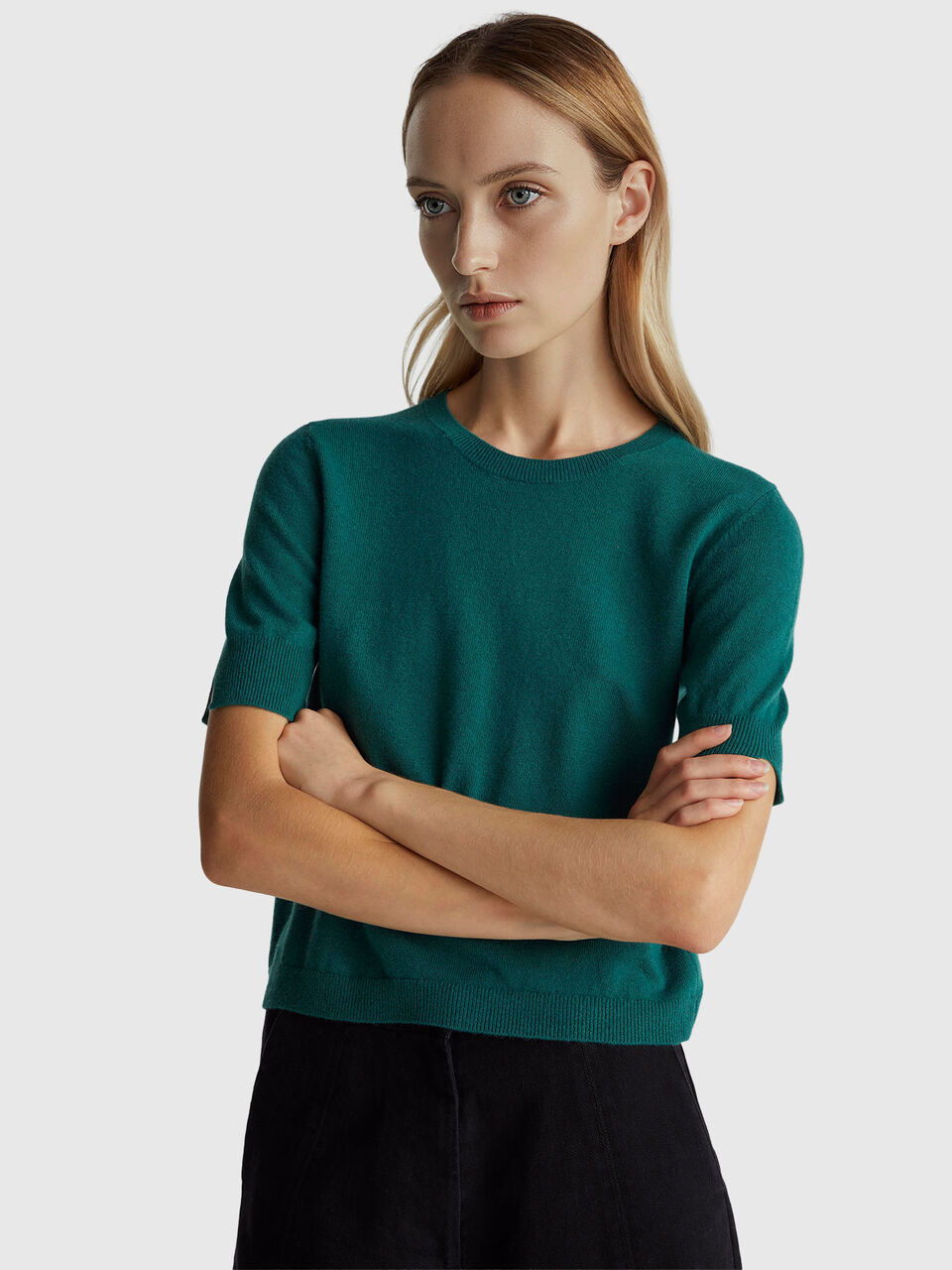 Green short sleeve sweater in pure Merino wool