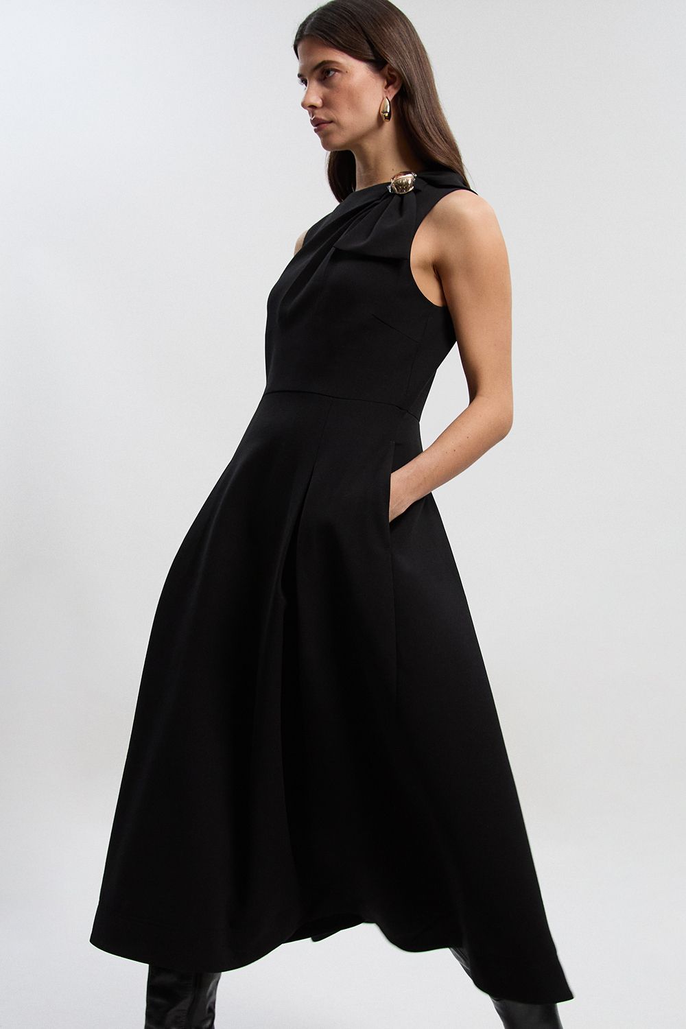 KarenMillen Compact Stretch Bow Tie Neck Trim Detail Tailored Full Midi Dress