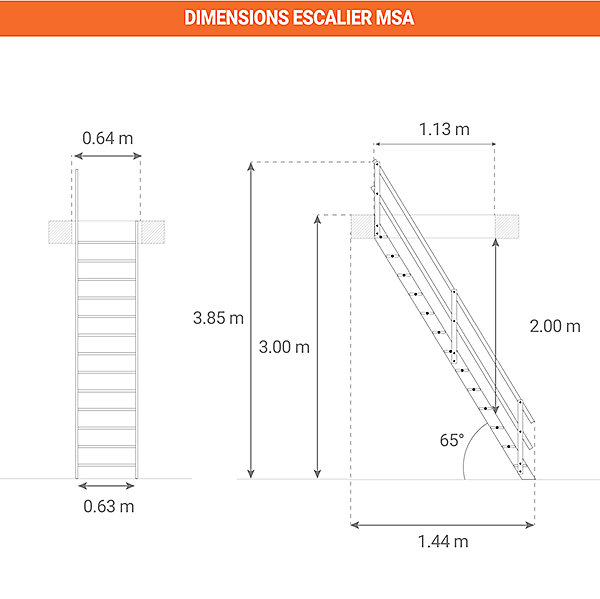 Escalier de meunier avec main courante à droite -Hauteur à franchir 3.00m max - MSA-MCD