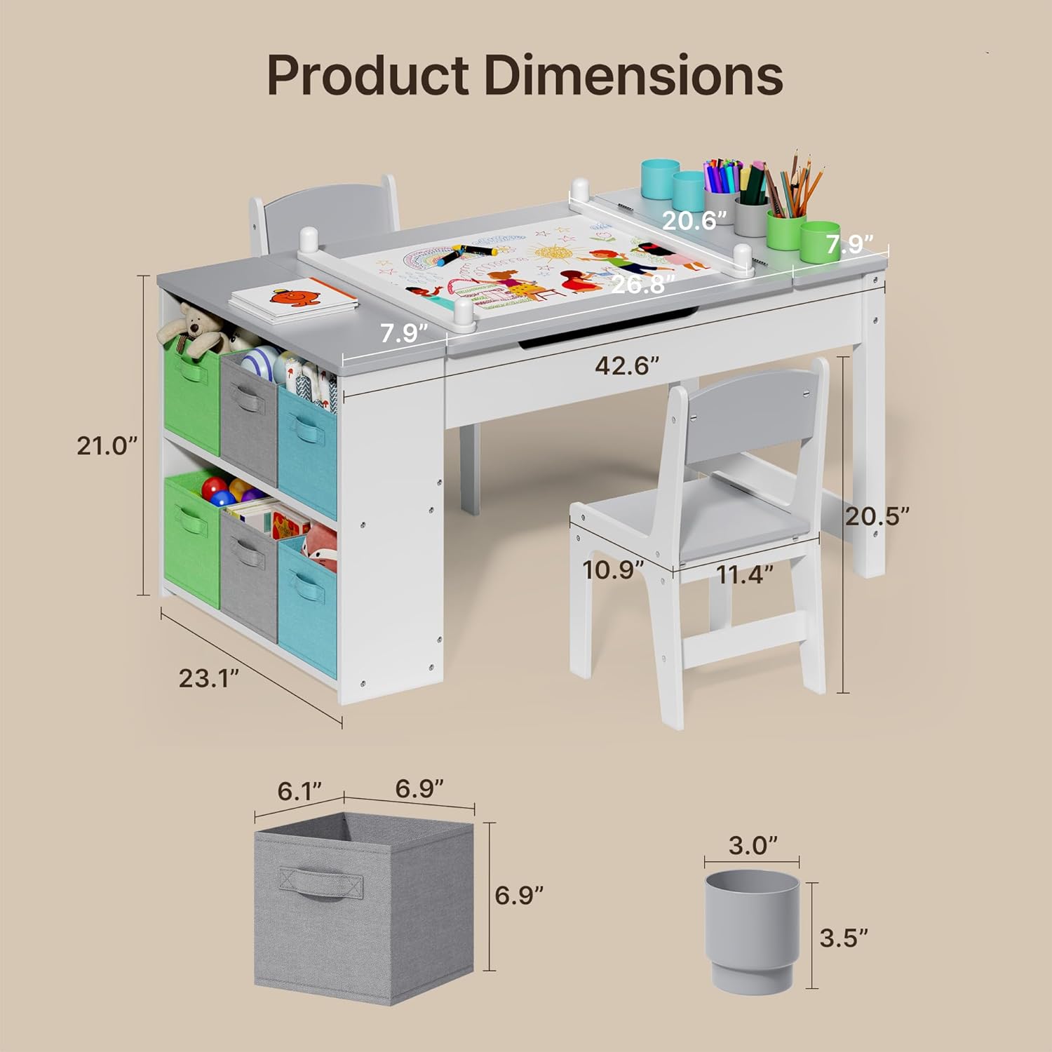 Gizoon Kids Art Table and Chairs with Removable Tabletop Storage,Toddler Craft Table and Chair Set for Drawing Studying Playing Wooden Kid Acitivity Table in Playroom Kids Room Living Room, Gray