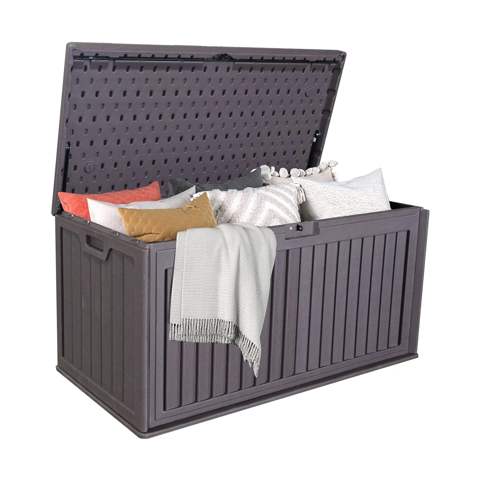 Brown Resilient Resin Storage Deck Box with Hydraulic Lid and Side Handle and for Home Terrace and Garden