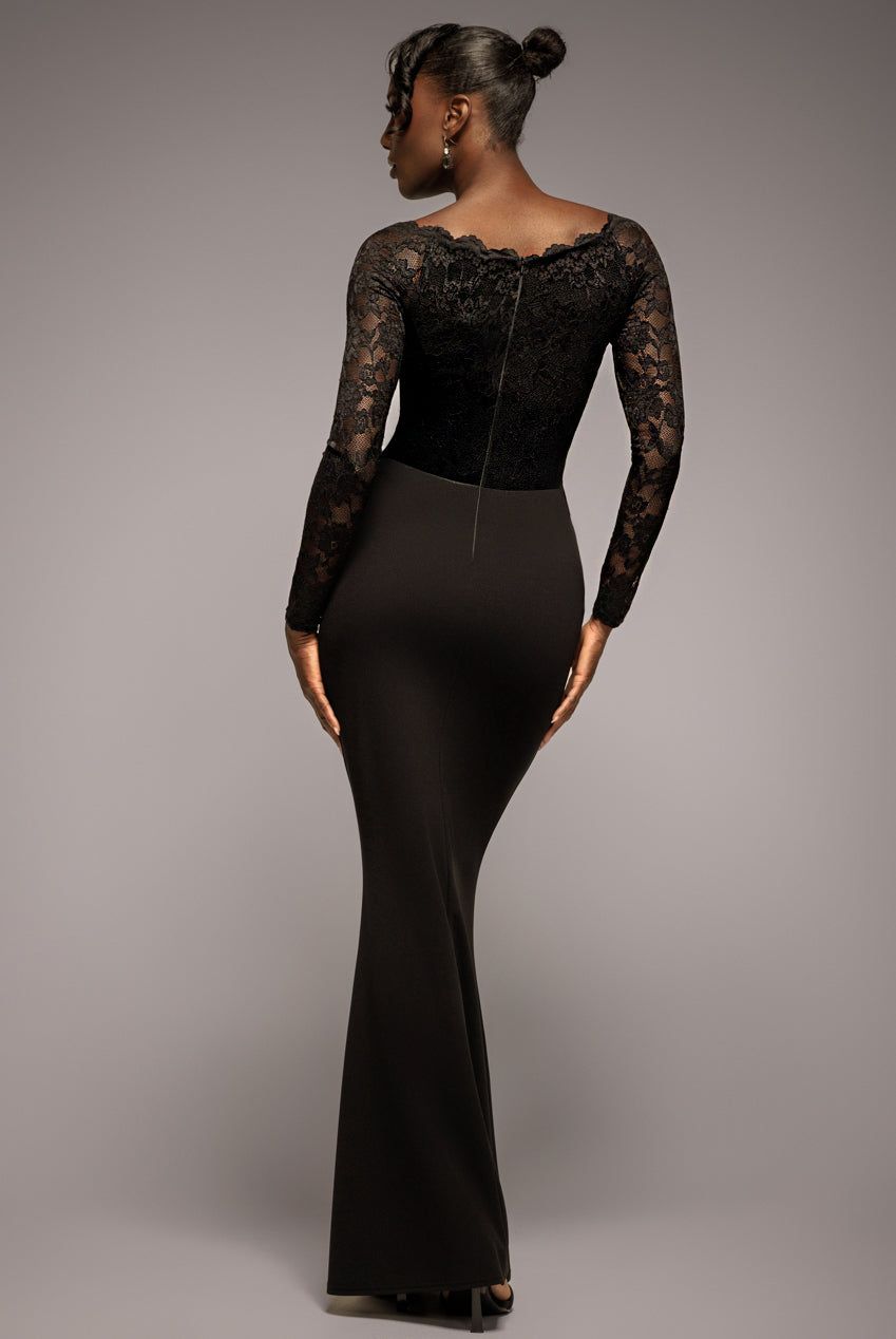 Goddiva Scalloped Lace Bodice Long Sleeve Bardot Maxi Dress