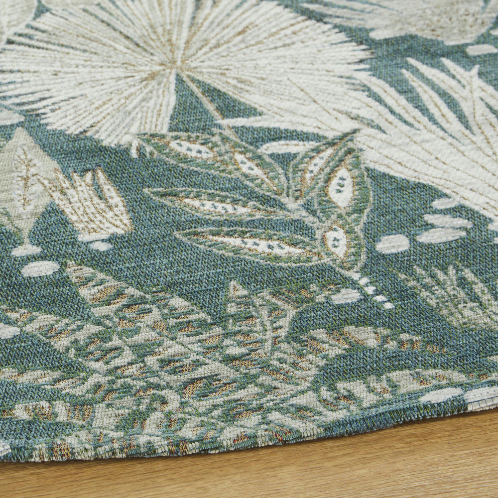 GRIMAUD - Tapis rond tissé jacquard motif floral bleu canard, écru et beige 200x200