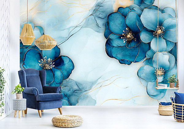 Papier Peint Panoramique Vinyle Marbre Fleurs Bleu - 416x254 cm - Papier Peint Chambre et salon