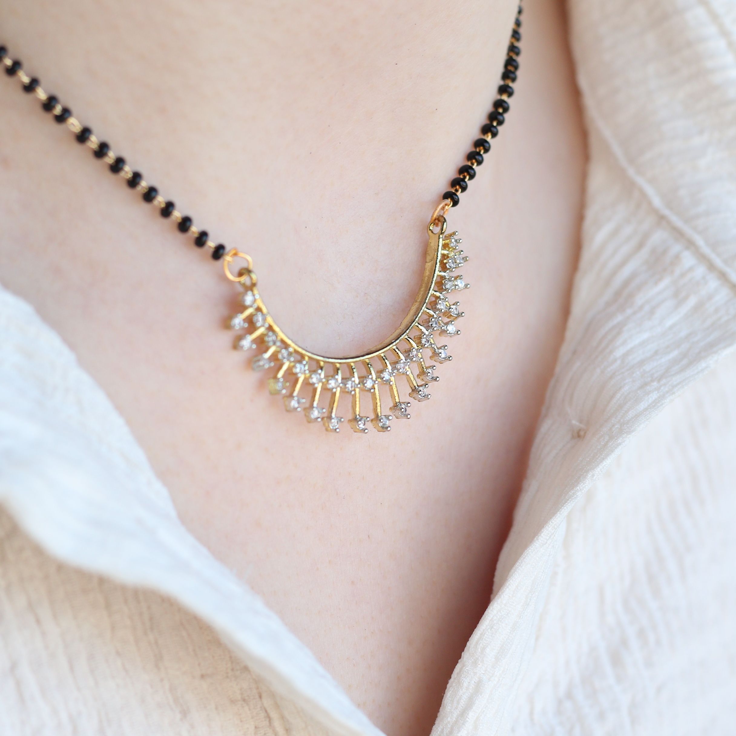 The Colourful Aura Indian Nazaria Silver Zircon Mangalsutra Black Beads Earring and Necklace