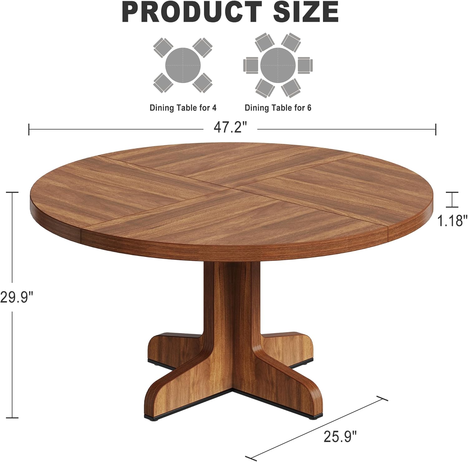 IDEALHOUSE Round Dining Table for 4, 47 Inches Dining Room Table with Wooden Base, Circle Kitchen Dinner Table for Dining Room, Kitchen, Living Room (Table Only), Walnut