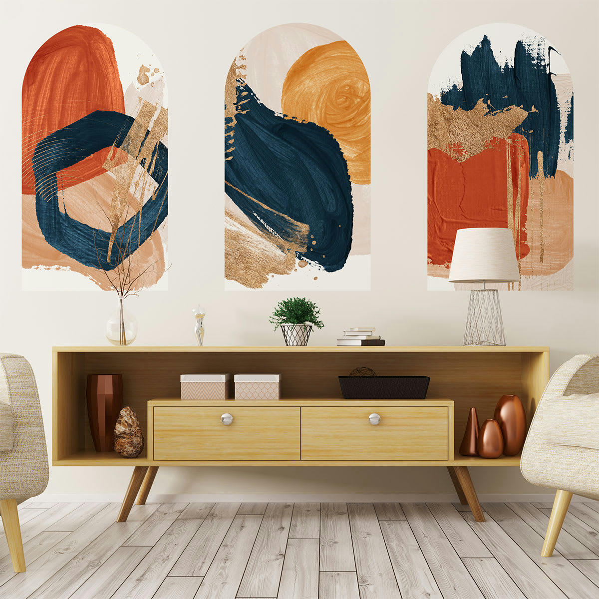 - Papier Peint arches abstraits rouges et bleus 90x135cm