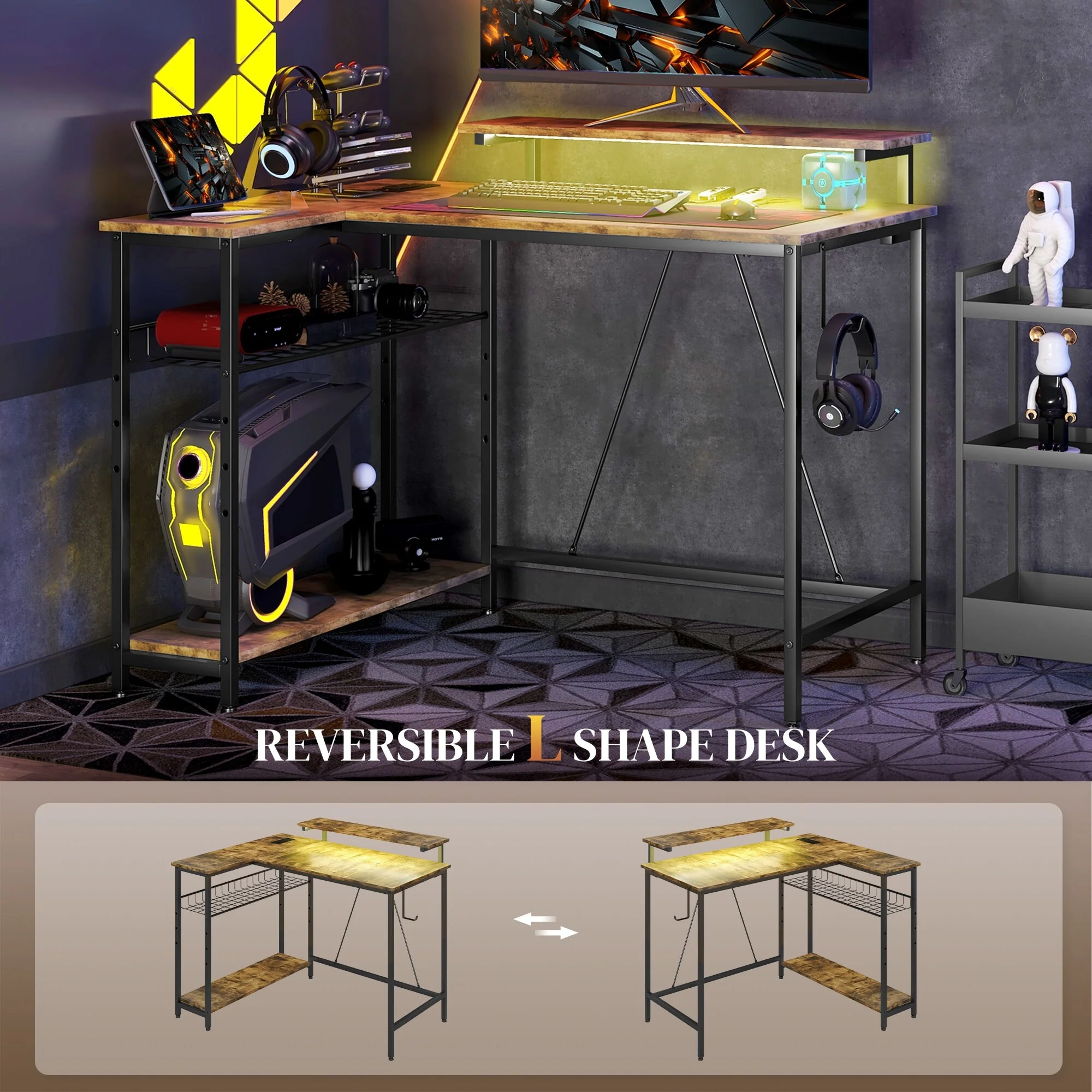 42 L Shaped Desk with LED Lights, Power Outlet, USB Charging Ports