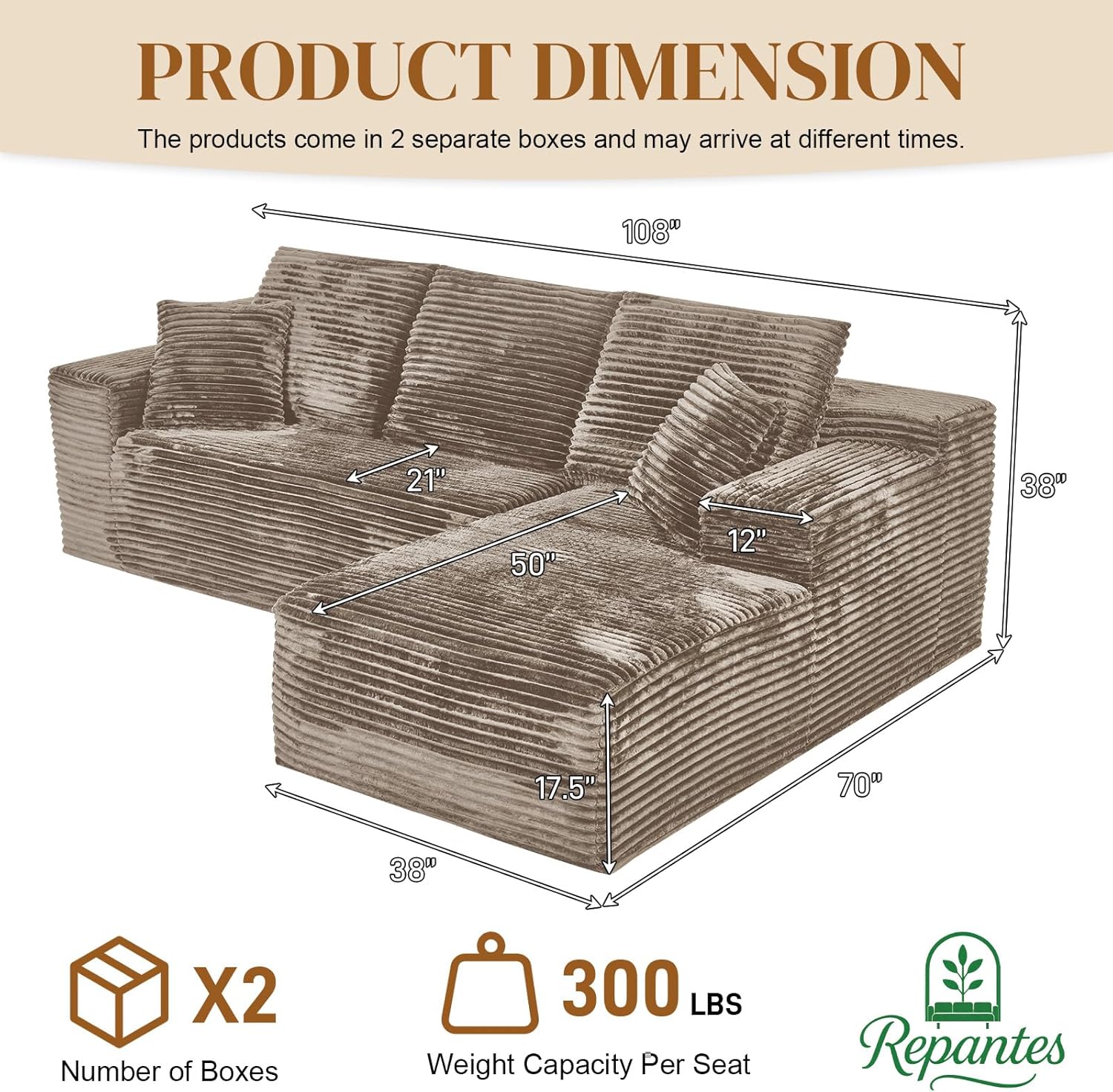 108 L Shaped Boneless Sectional Couches for Living Room, Comfy Corduroy Floor Cloud Sofa with Chaise, Wide Armrest, Deep Seat, Memory Foam, Assembly Free, Ideal for Small Spaces, Brown