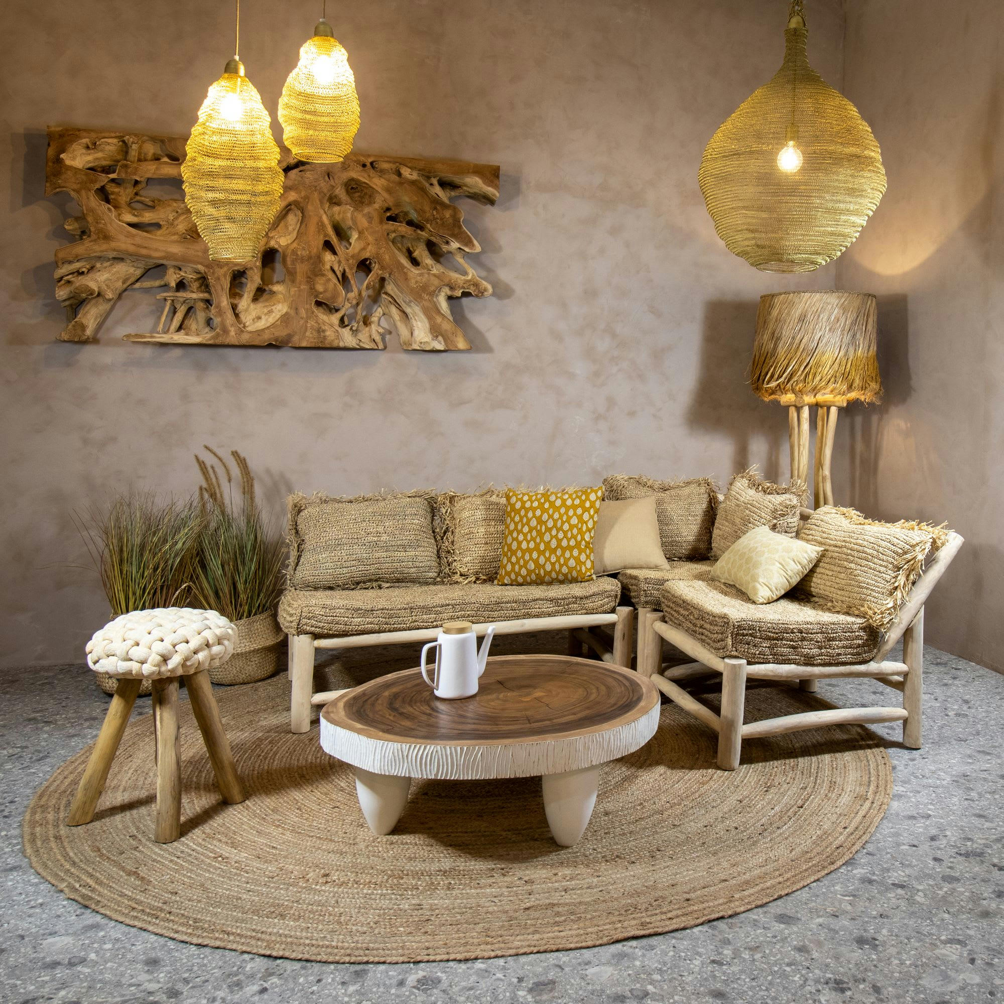 SYROS - Canapé d'angle en teck et revêtement sisal et raphia 3 places