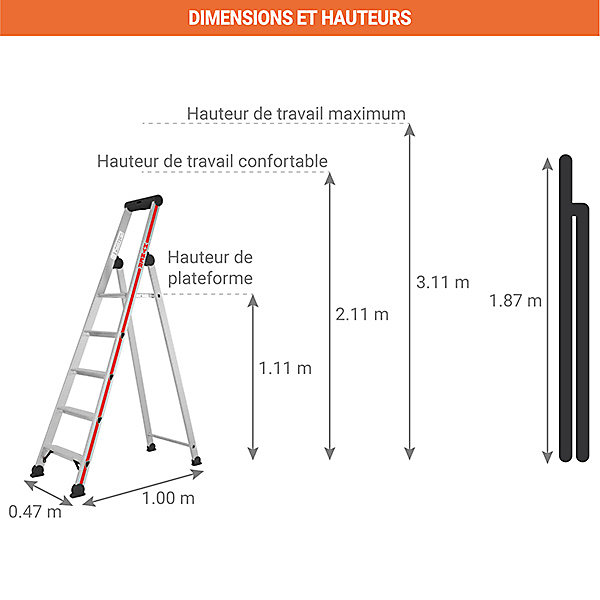 Escabeau 5 marches - Hauteur atteignable 3.11m - 4026/05