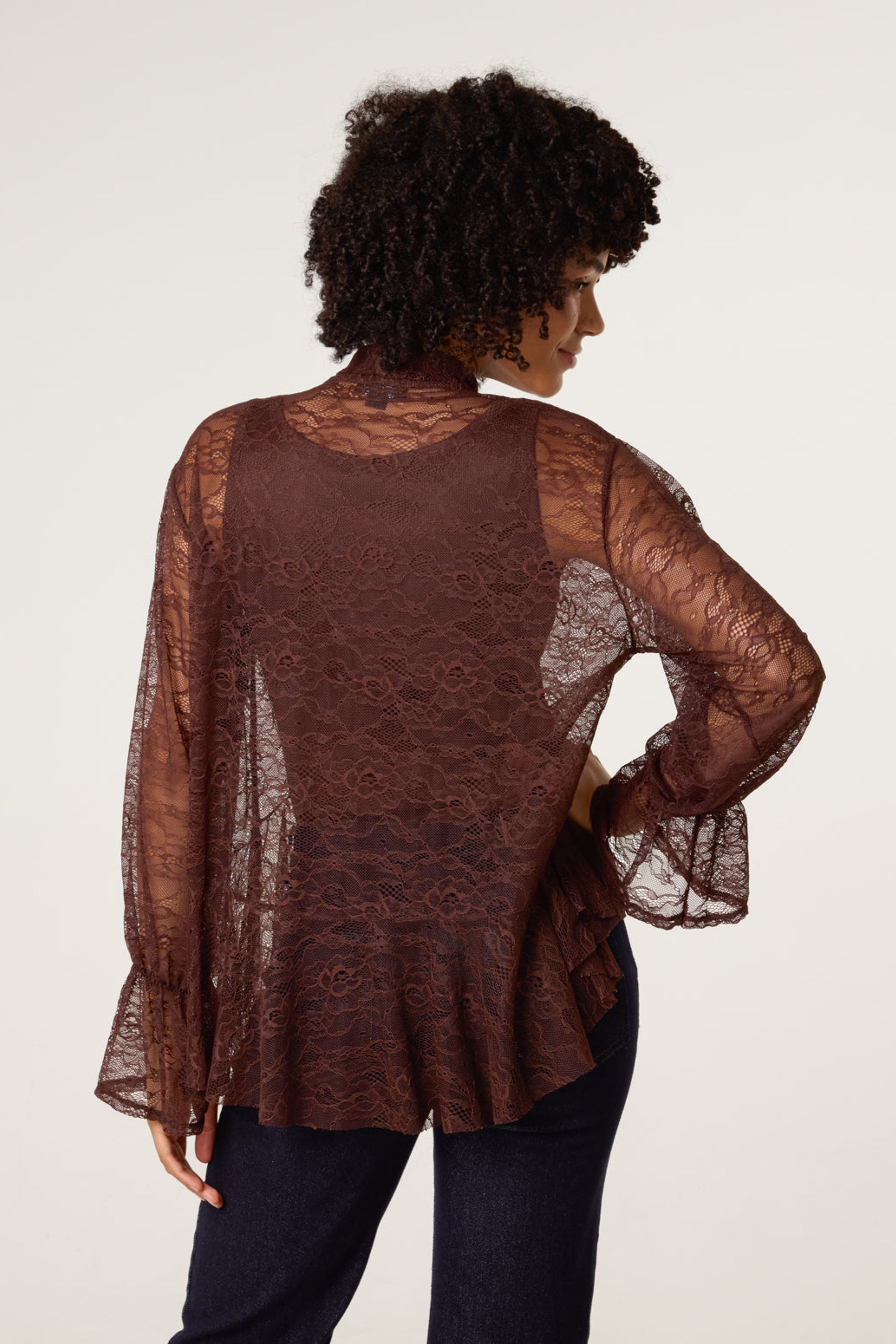 Blue Vanilla Brown Lace Pussybow Blouse