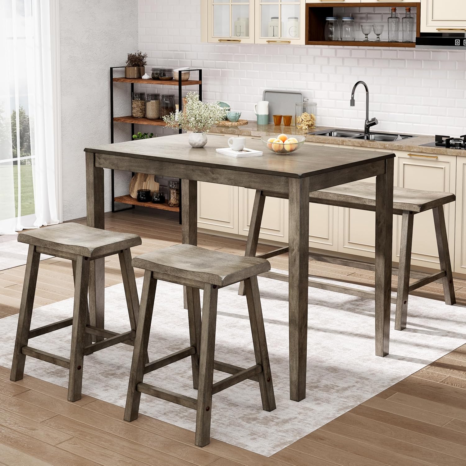 Sophia & William Dining Table Set for 4, Counter Height Table and Chairs, Kitchen Table Set with Bench and 2 Chairs, Small Breakfast Bar Dining Set, Smoky Brown