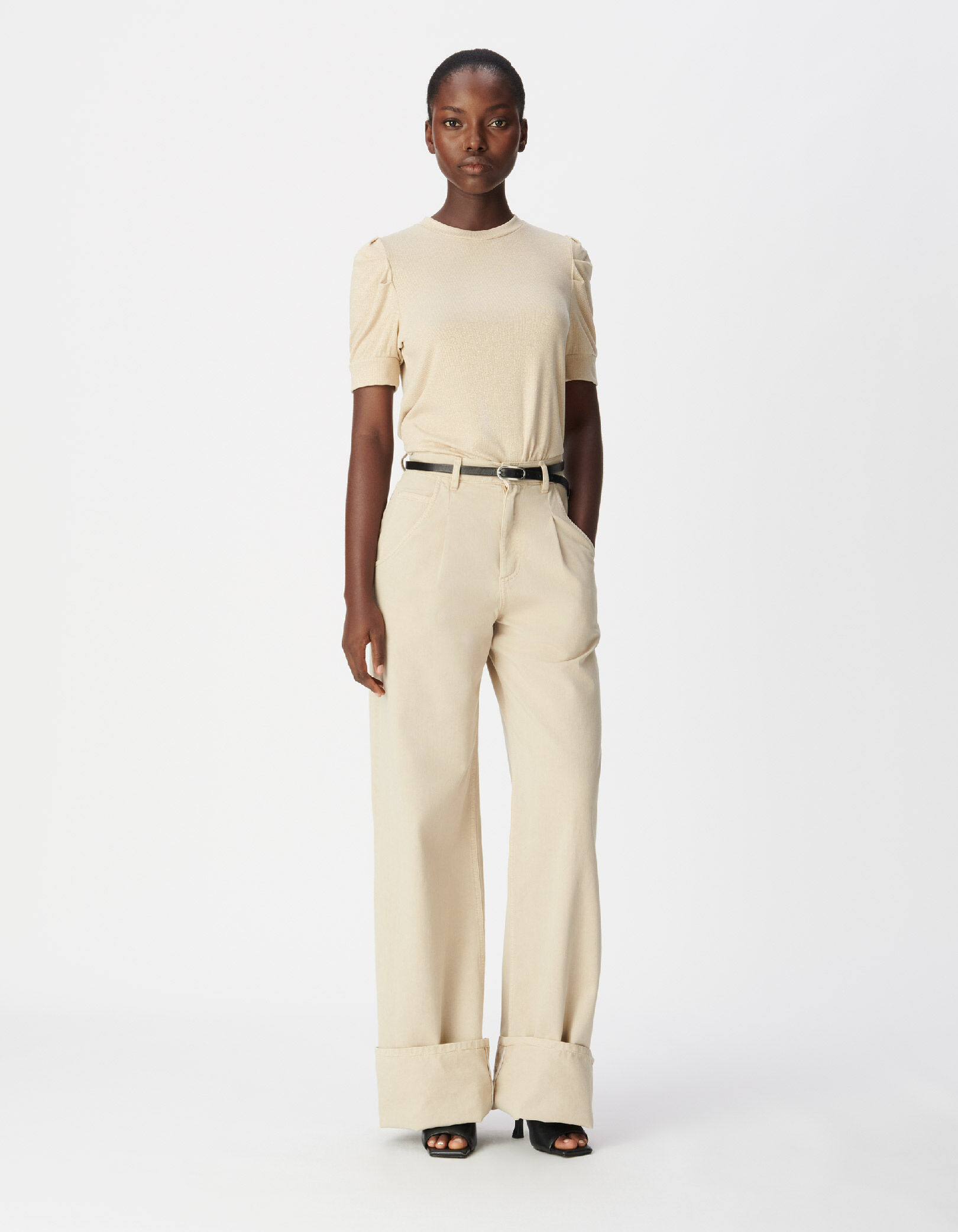 Tee-shirt col rond doré pailleté manches froncées Femme