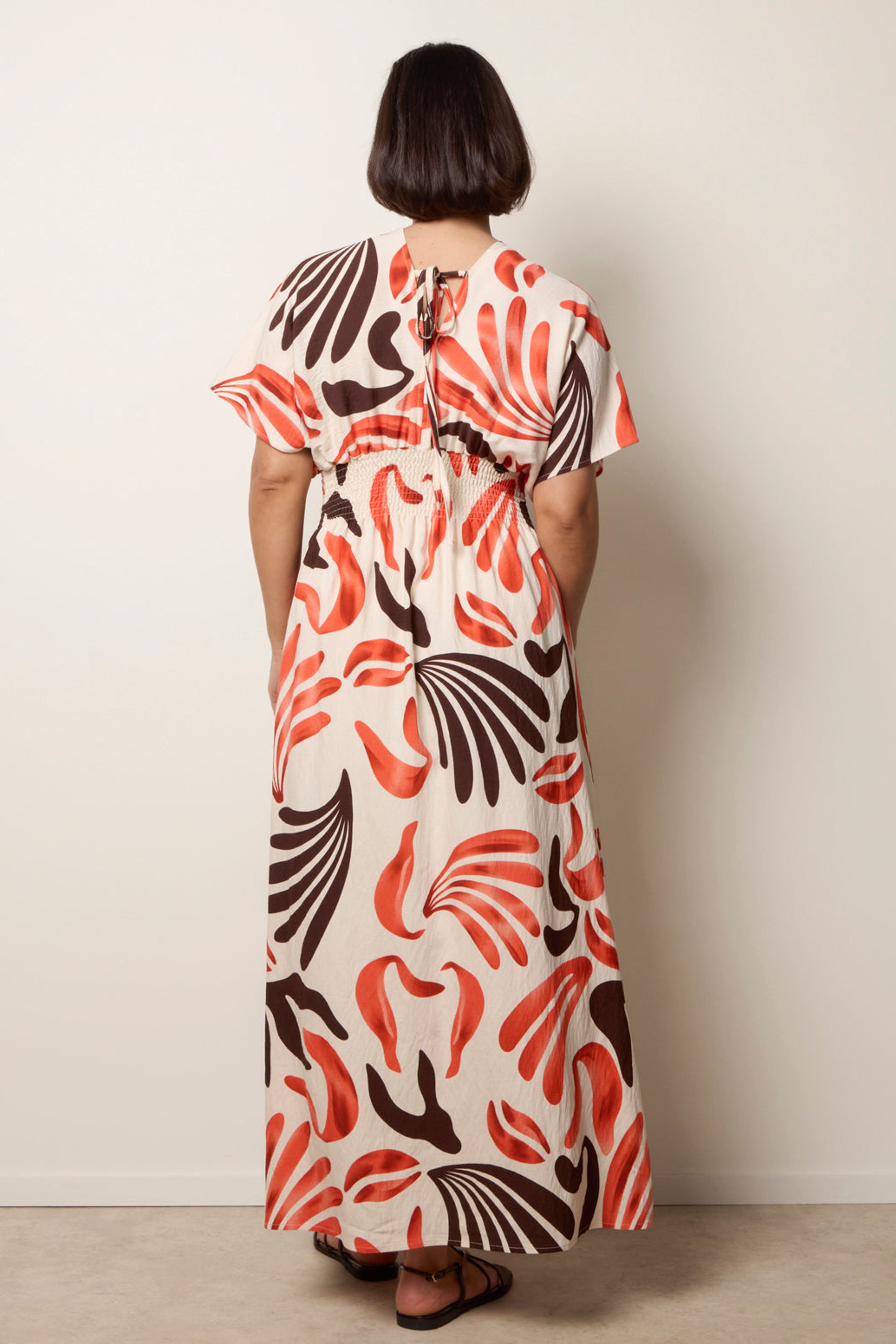 Blue Vanilla Orange V Neck Abstract Leaf Print Dress