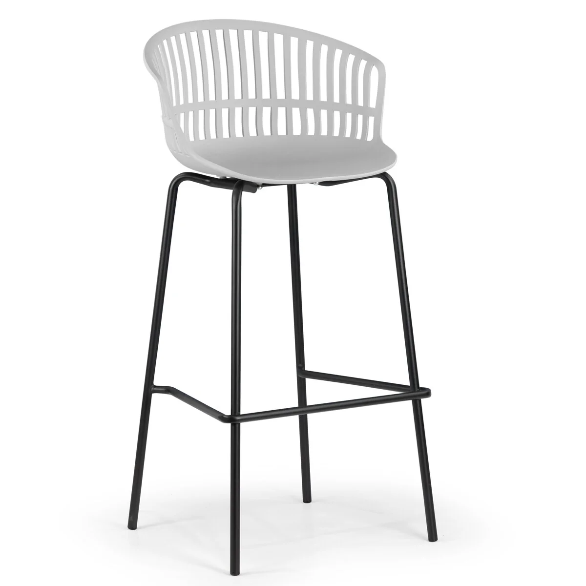 Set of 2 Basil Gray Plastic Barstools with Slatted Back and Iron Legs