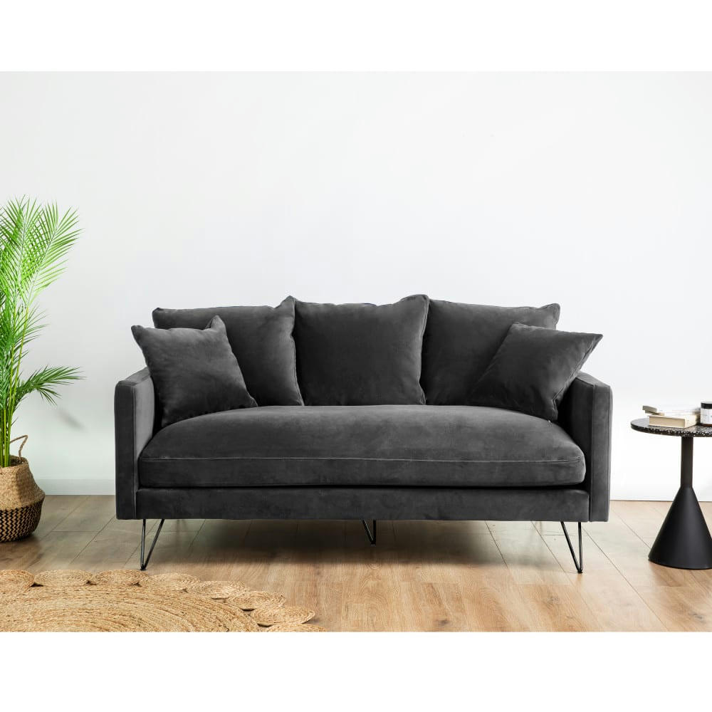 VILLABON - Canapé 3 places en velours pieds épingles noirs gris anthracite