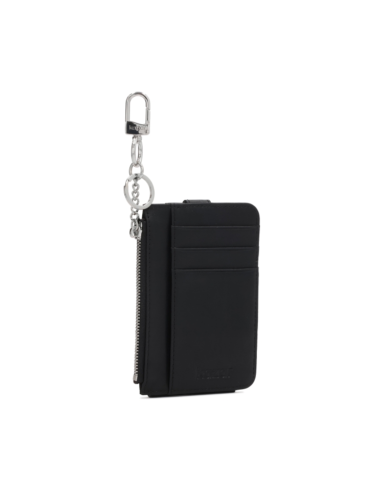 Small black wallet clipped with a snap hook