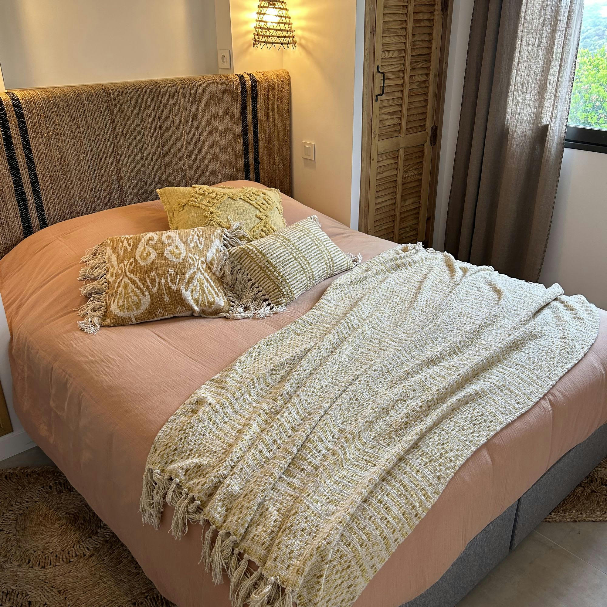 RECIFE - Plaid à franges en coton jaune avec franges 250cm