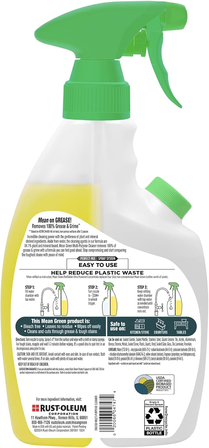 Mean Green Refillable Ultra Powered Multi-Purpose Cleaner Concentrate, Citrus & Green Tea, 14.3 fl oz – Plant & Mineral Based, Cuts Through Grease & Grime, Refillable Bottle Makes 4X Refills