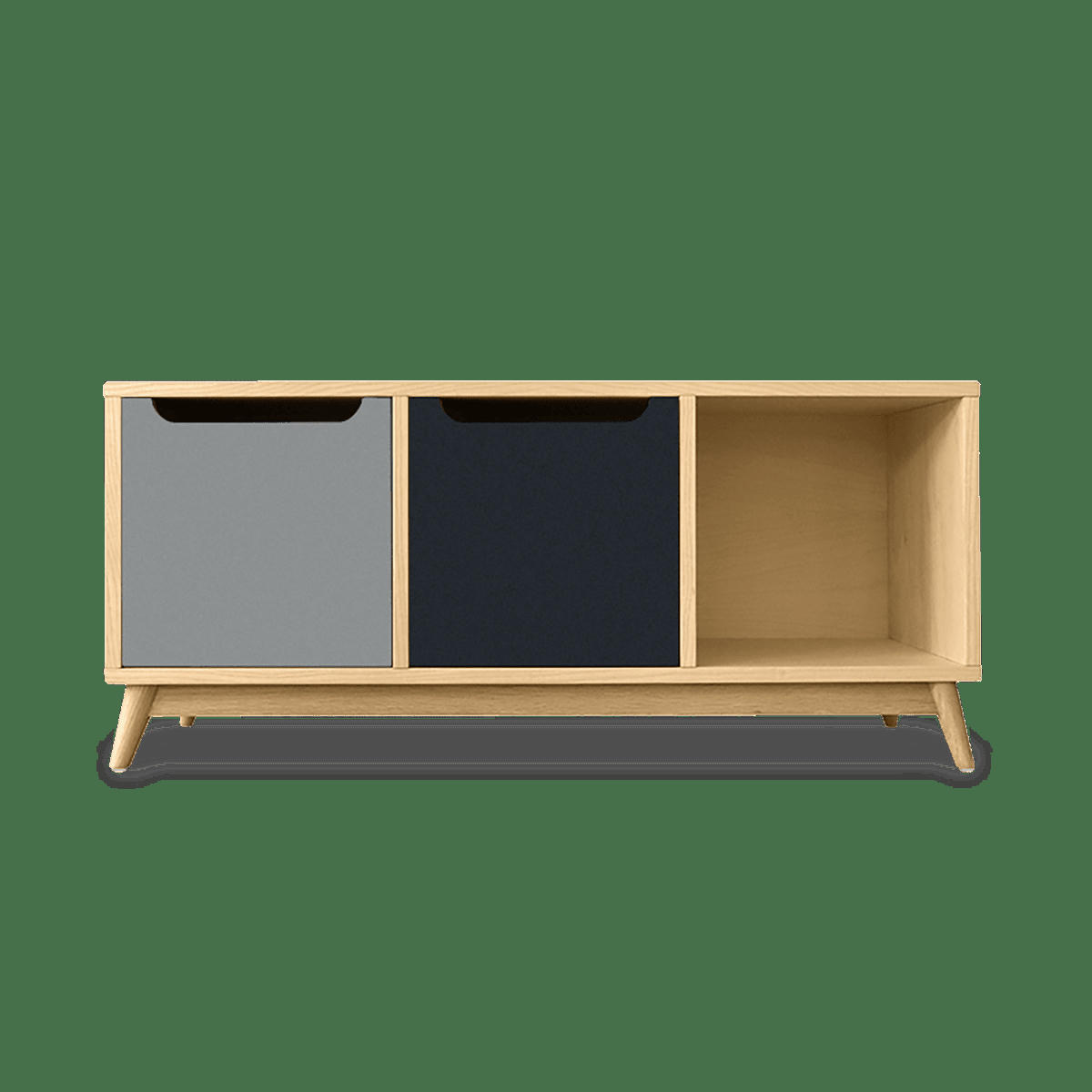 KILT - Meuble bas, 2 portes, 1 niche de rangement, chêne et bicilore gris.