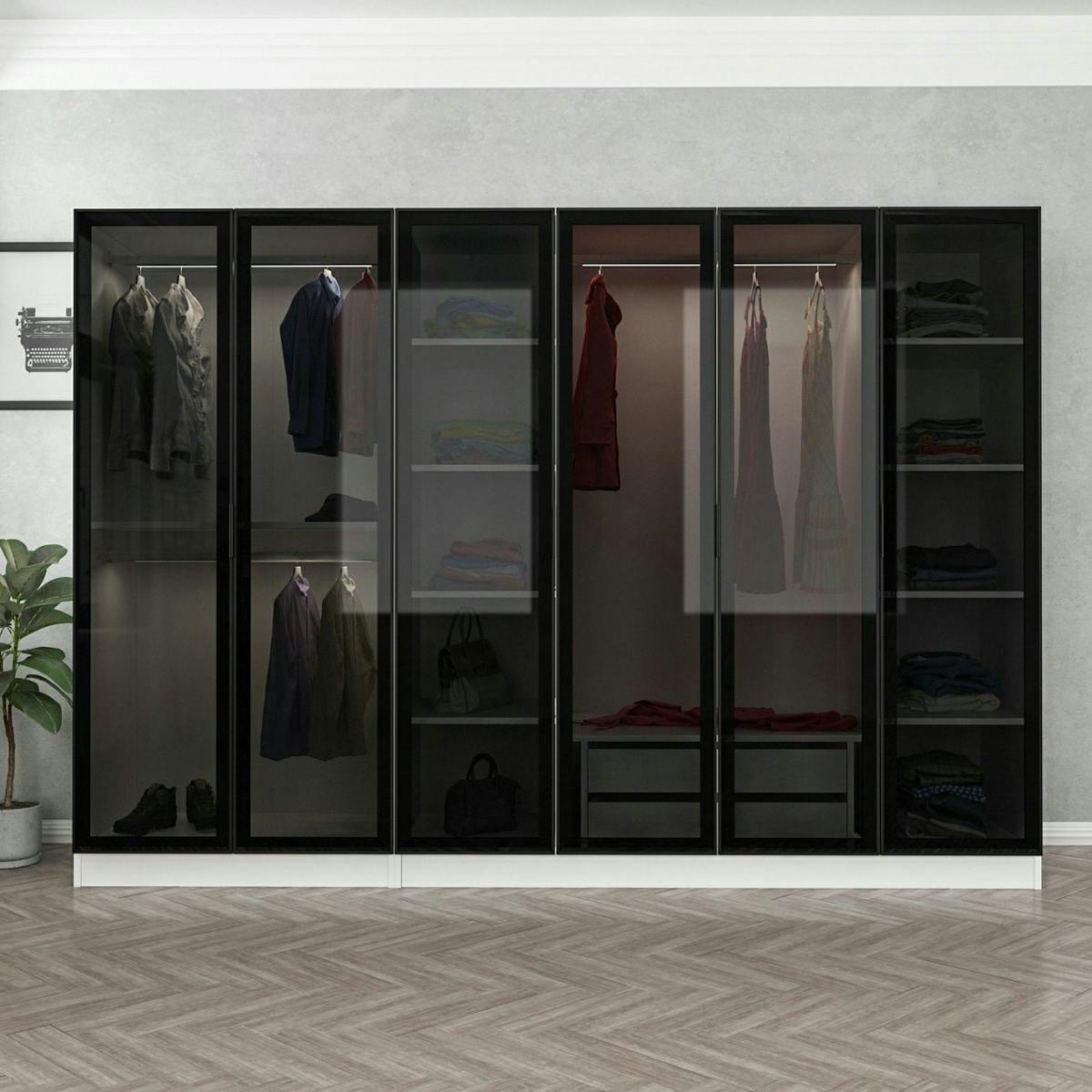 Dressing design 6 portes verre, cadre blanc, 2 tiroirs BYRON