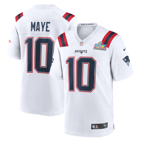 Men's Nike Drake Maye New England Patriots Super Bowl LX Patch Game Jersey - White/Navy