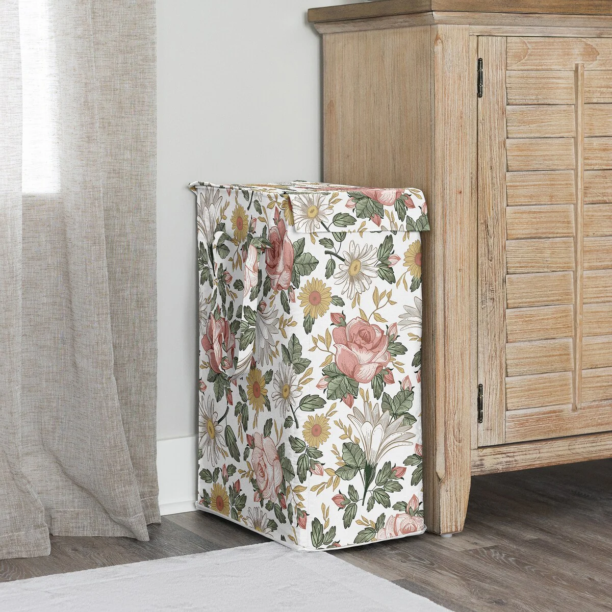 Sweet Jojo Designs Blush Pink Yellow Vintage Floral Boho Girl Foldable Laundry Hamper with Handles Bohemian Shabby Farmhouse