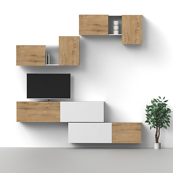 Meuble de salon coloris blanc / chêne doré - Hauteur 60 x Longueur 130 x Profondeur 32 cm
