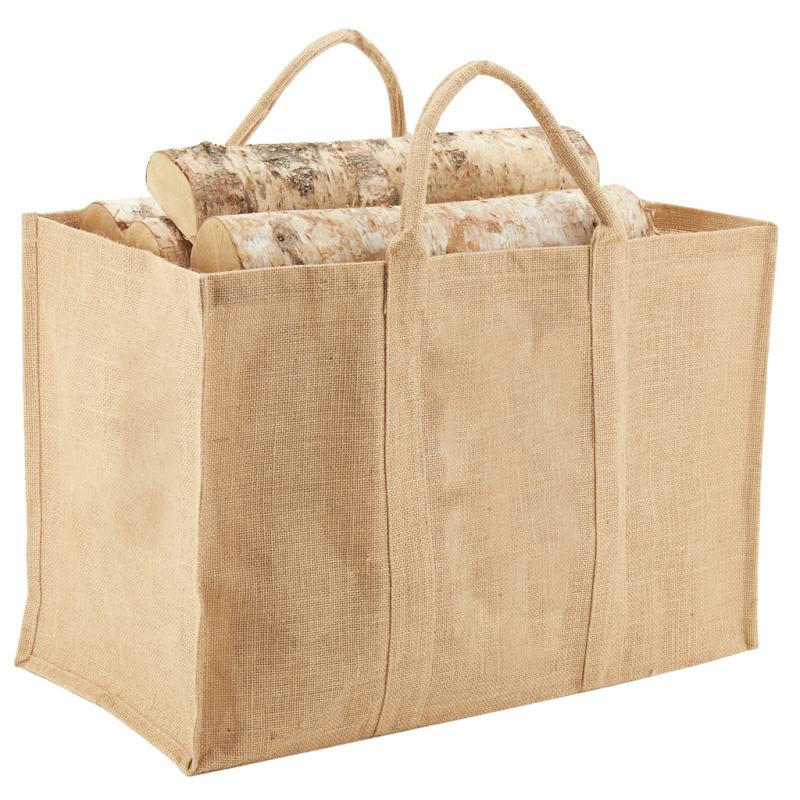 - Sac à bûches en jute vert et cuir